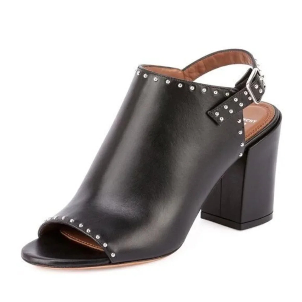 Givenchy Black Leather Studded Slingback Heels Shoes Block Heel 36.5